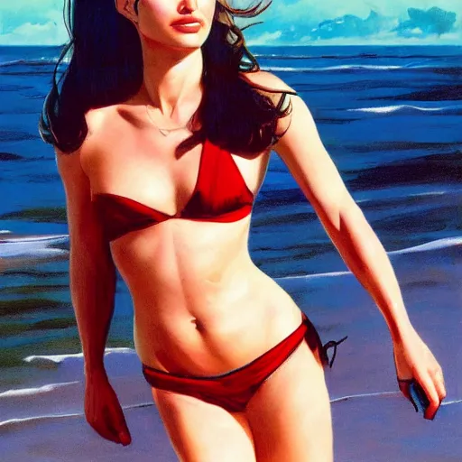 Image similar to Natalie Portman at the beach, Joe Jusko, 8k photography, trending on artstation, frank Frazetta