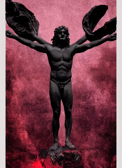 Image similar to elegant dark design poster showing a large greco roman statue of dionysus, black background with very subtle red and purple design elements, bold, powerful, soft gradients, nekro, vito acconci, thin straight purple lines, dark, glitch art, neo vaporwave, gritty, layout frame, square, trending on artstation