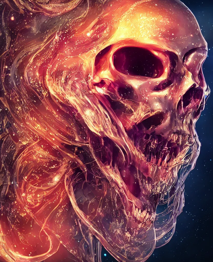 Image similar to close-up macro portrait of the face of a beautiful princess rotten skull in a spaceman suit, epic angle and pose, symmetrical artwork, 3d with depth of field, blurred background, cybernetic jellyfish female face skull phoenix bird, translucent, nautilus, energy flows of water and fire. a highly detailed epic cinematic concept art CG render. made in Maya, Blender and Photoshop, octane render, excellent composition, cinematic dystopian brutalist atmosphere, dynamic dramatic cinematic lighting, aesthetic, very inspirational, arthouse. y Greg Rutkowski, Ilya Kuvshinov, WLOP, Stanley Artgerm Lau, Ruan Jia and Fenghua Zhong