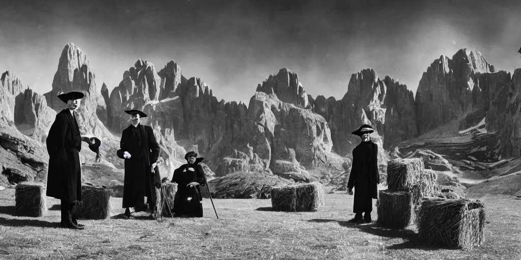 Prompt: 1920s photography of occult priests with hay coats and horn with dolomites in the background, occult signs, witch burning, solstice fire, alp, dolomites, alpine, detailed intricate insanely detailed octane render, 8k artistic 1920s photography, photorealistic, black and white, chiaroscuro, hd, by David Cronenberg, Raphael, Caravaggio