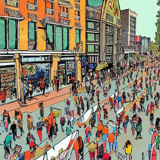 Image similar to busy street drawn by warren ellis, colorful