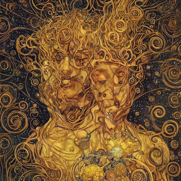 Image similar to Divine Chaos Engine portrait by Karol Bak, Jean Deville, Gustav Klimt, and Vincent Van Gogh, sacred geometry, visionary, mystic, fractal structures, ornate gilded medieval icon, spirals, horizontal symmetry