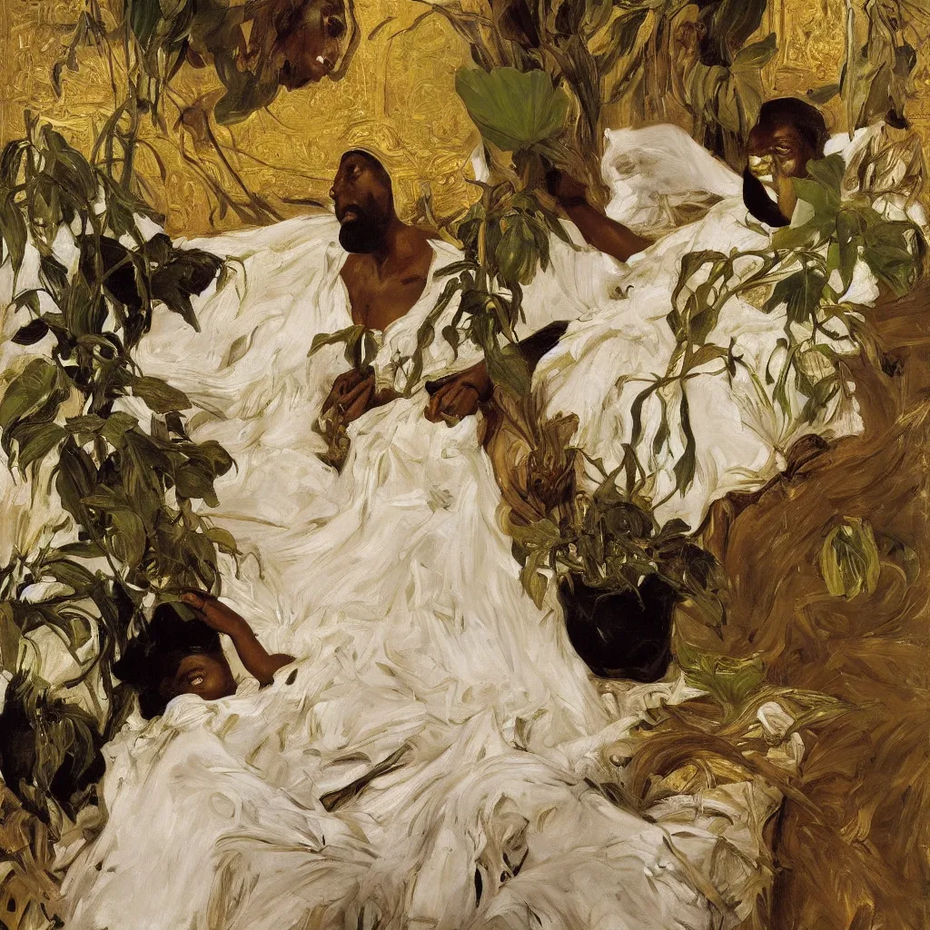 Image similar to high quality high detail painting by lucian freud, jenny savile, ilya repin and john singer sargent, black woman in a white room with many plants, intricate costume design, orientalist, partially gold, ornate, elite, luxury, hd