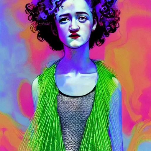 Image similar to surrealism psychedelic portrait sketch of julia garner as delirium of the endless in fishnet top and rainbow tutu skirt from the sandman, floating goldfish, green and blue eye heterochromia by alex ross, josh kirby, detailed, elegant, intricate