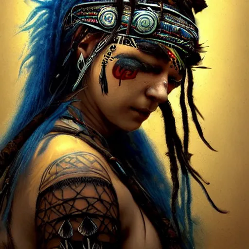 Image similar to A young blindfolded shaman woman with a decorated headband, in the style of heilung, blue hair dreadlocks and wood on her head, tribal piercing and tatoos , atmospheric lighting, intricate detail, cgsociety, ambient light, dynamic lighting, art by karol bak