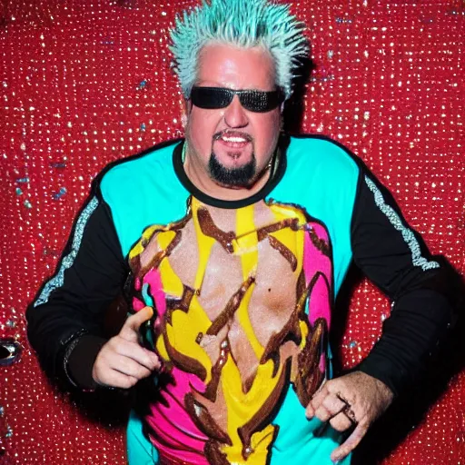 Prompt: guy fieri covered in chocolate wearing a neon colored mesh crop top and pit vipers