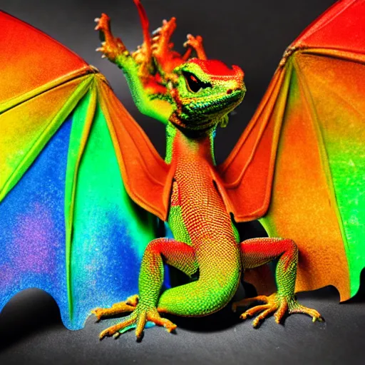 Image similar to a tiny dragon lizard with rainbow colored wings, high resolution film still, 4k, HDR color