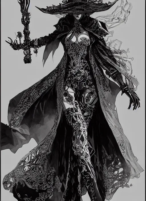 Image similar to beautiful human witch with blonde short curtly hair in intricate ornate witch robe, haughty evil look, witch hat. in style of yoji shinkawa and hyung - tae kim, trending on artstation, dark fantasy, great composition, concept art, highly detailed, dynamic pose.