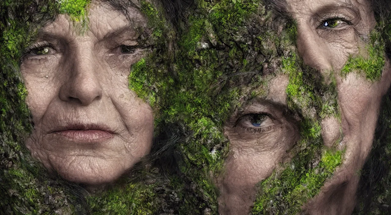 Prompt: Centered portrait of one single moss-covered 65 year-old Gaia goddess with a tear running down her cheek, highly-detailed, elegant, dramatic lighting, artstation, 4k