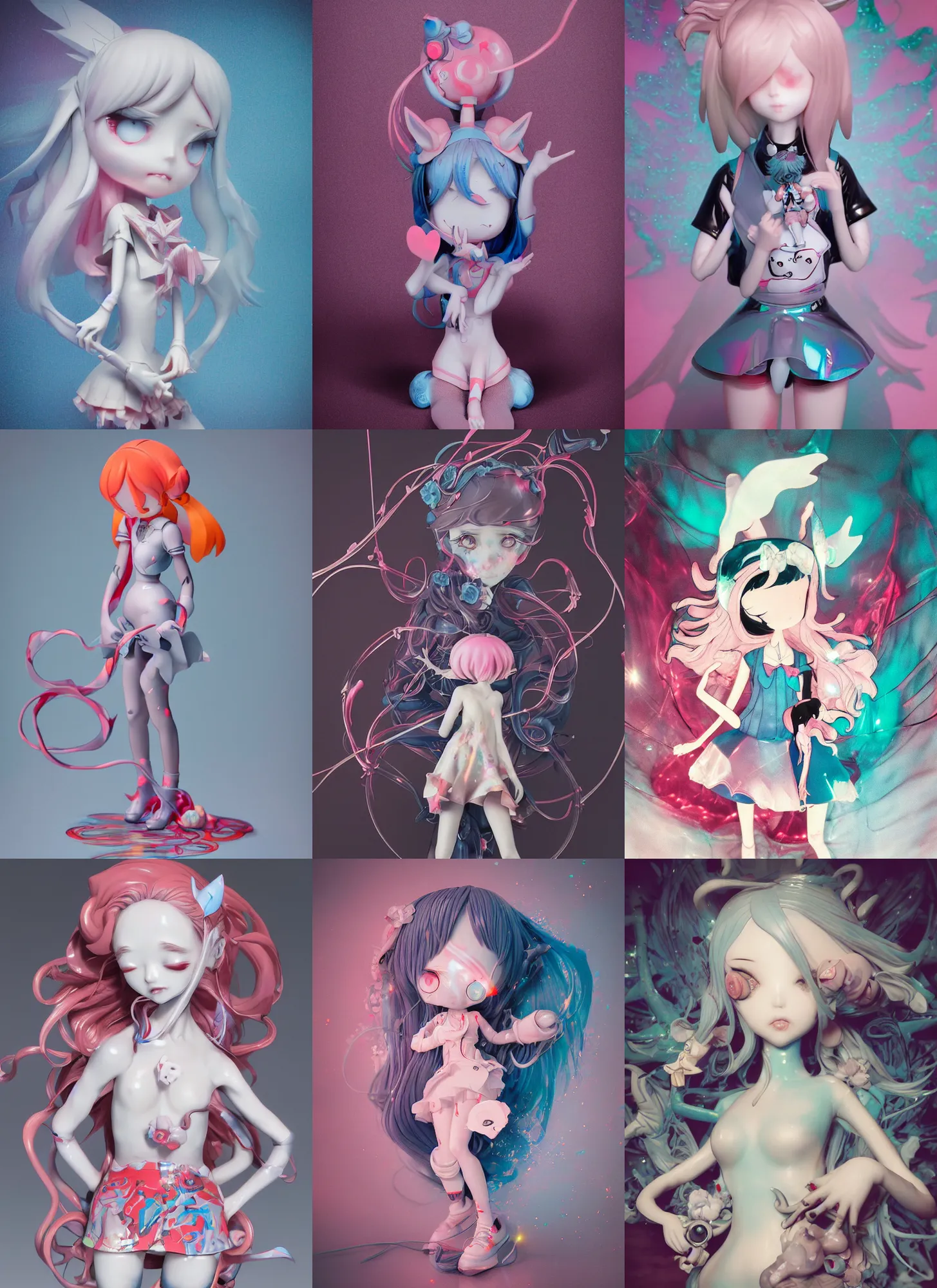 Prompt: james jean isolated magical girl vinyl figure, figure photography, smooth sharp focus, holographic undertones, anime stylized cute guro, high detail, ethereal lighting