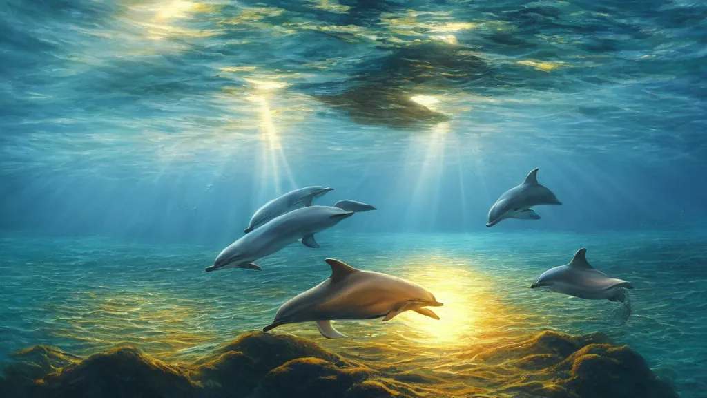 Image similar to underwater, sun rays shining through the water surface, dolphins swimming, peaceful, amazing, by andreas rocha and john howe, and Martin Johnson Heade, featured on artstation, featured on behance, golden ratio, ultrawide angle, f32, well composed