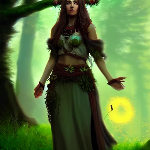 Image similar to a pretty druid surrounded by wolves digital painting, photorealistic, in the style of greg rutkowski, full body, detailed face