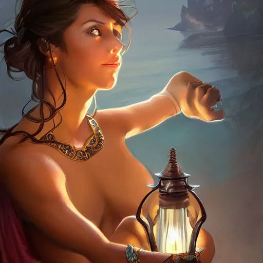 Image similar to a young female brown skinned brown haired genie, with abs, emerging from a lamp intricate, elegant, highly detailed, digital painting, artstation, concept art, smooth, sharp focus, illustration, art by artgerm and greg rutkowski and alphonse mucha