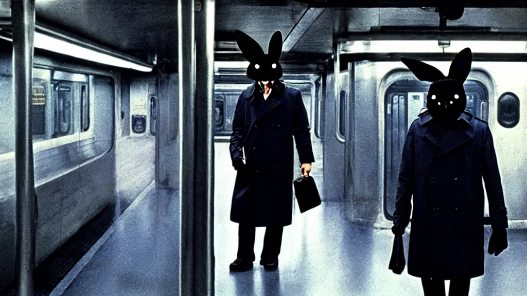 Prompt: a man in a trench coat wearing a black rabbit mask standing on the subway with a knife, film still from the an anime directed by Katsuhiro Otomo with art direction by Salvador Dalí, wide lens