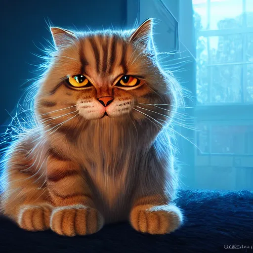 Image similar to colossal fluffy tabby cat, garfield, by alex grey, fantasy, vivid colors, sharp focus, digital art, hyper - realistic, 4 k, unreal engine, highly detailed, hd, dramatic lighting by brom, trending on artstation