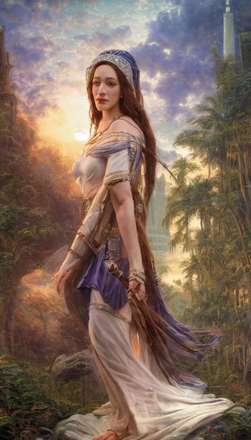 Image similar to Concept Art of cinematography of Terrence Malick film stunning portrait of featuring Kat Dennings as an ancient babylonian priestess, by Thomas Kindkade, masterpiece, Met, award winning, incredible, perfect structure