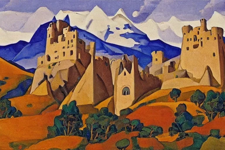 Prompt: A oil painting of a castle in the mountains by Nicholas Roerich, by Georgia o Keeffe, by Gustave Moreau