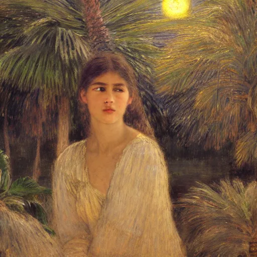 Prompt: a ultradetailed beautiful painting of a girl at night on the amazonas palace by jules bastien - lepage, hans belmer, frank weston and gustave baumann, trending on artstation, mediterranean, palm trees, light sparkles, sharp focus, soft light, 8 k 4 k