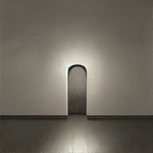Prompt: empty gallery with the ghost in the middle by Zdzisław Beksiński, irwin penn, Giorgio de Chirico, realistic, digital art, dark, moody, gloomy
