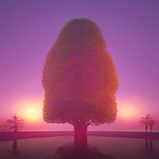 Image similar to The Bodhi Tree at Sunset, beautiful art with volumetric lighting, by beeple, Pi-Slices and Kidmograph