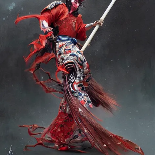 Image similar to an epic portrait of insane kabuki male wielding a spear covered in a distorting aura, intricate hakama, poofy red wig, eerie, highly detailed, dark fantasy, art by artgerm and greg rutkowski