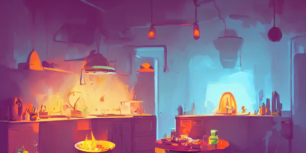 Image similar to `weird perspective`!!!!!!!!!!!!! epic illustration of a kitchen dim lit by 1 candle in a scenic environment by Anton Fadeev