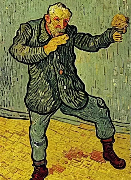 Prompt: a grizzled old soldier, retired throwing a grenade at noisy neighbours, van gogh