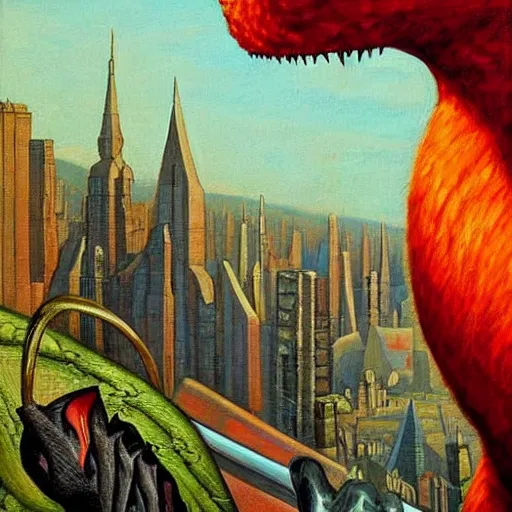 Prompt: by ernie barnes, by nicolas mignard flickr, cinnabar cosy, rigorous. a beautiful painting of a large, orange monster looming over a cityscape. the monster has several eyes & mouths, & its body is covered in spikes. it seems to be coming towards the viewer, who is looking up at it in fear.