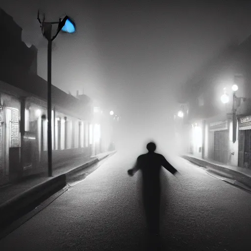 Prompt: an abstract photograph of a lonely male shadowy figure, he is dancing, there is a dark street with lanterns reflected on the ground, everything is underwater, long exposure, 35mm, black-and-white