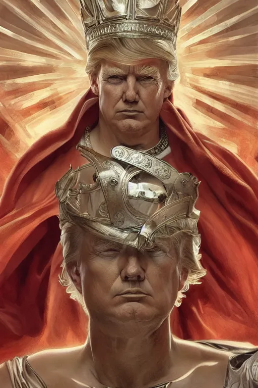 Image similar to President Donald J Trump as a Greek god, detailed face, gorgeous, amazing, muscular, fit, very muscular male body, Caesar victorious, crown ruler, intricate, highly detailed, digital painting, artstation, concept art, sharp focus, illustration, art by greg rutkowski and alphonse mucha