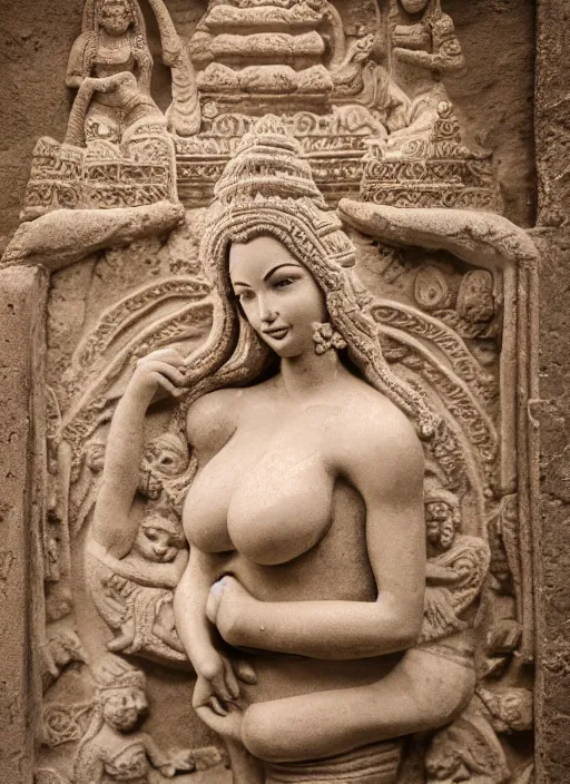 Prompt: photograph of a bas relief of lindsey pelas found in an ancient hindu temple, by charlotte grimm, natural light, detailed face, canon eos c 3 0 0, ƒ 1. 8, 3 5 mm, 8 k, medium - format print, half body shot