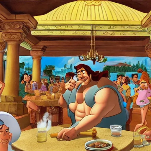 Prompt: Hercules is smoking a blunt, location is a Greek tavern, there are lots of people in the background, Pixar style