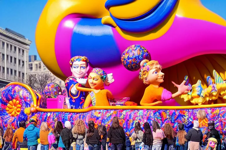 Image similar to photo of giant beautiful elaborate parade float character designed by ( ( ( ( ( ( ( ( lisa frank ) ) ) ) ) ) ) ) and wes anderson!!!!!!!!!!!!!!, in the macys parade, detailed 4 k photo,