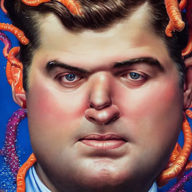 Image similar to Hyperrealistic intensely colored close up studio Photograph portrait of deep sea bioluminescent Congressman Matt Gaetz, symmetrical face realistic proportions eye contact, Grinning in a coral reef underwater tentacles barnacles, award-winning portrait oil painting by Norman Rockwell and Zdzisław Beksiński vivid colors high contrast hyperrealism 8k