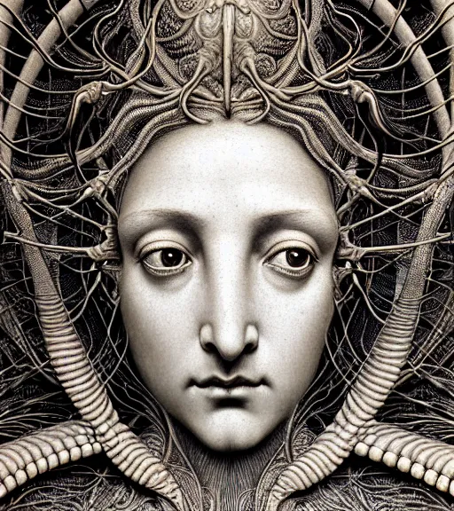 Image similar to detailed realistic beautiful beetle goddess face portrait by jean delville, gustave dore, iris van herpen and marco mazzoni, art forms of nature by ernst haeckel, art nouveau, symbolist, visionary, gothic, neo - gothic, pre - raphaelite, fractal lace, intricate alien botanicals, ai biodiversity, surreality, hyperdetailed ultrasharp octane render