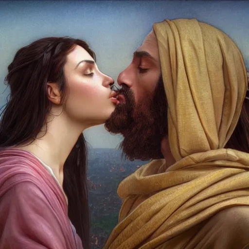 Image similar to jesus kissing a sensual woman in jerusalem, elegant, highly detailed, digital painting, artstation, concept art, matte, sharp focus, highly detailed, 4 k, hdr, smooth, sharp focus, high resolution, award - winning photo, photorealistic, art by artgerm and greg rutkowski and alphonse mucha, large shot