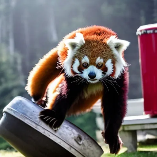 Prompt: a red panda doing a handstand on a keg