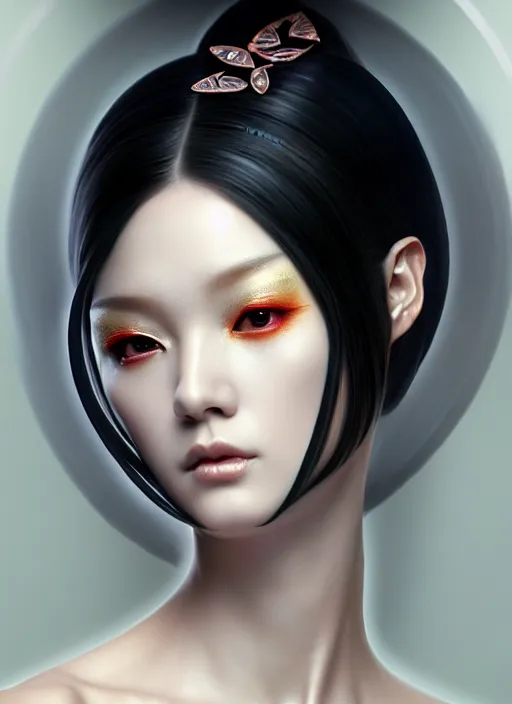 Image similar to organic seductive Geisha cyborg, pearlescent skin, diffuse lighting, fantasy, intricate, elegant, highly detailed, lifelike, photorealistic, digital painting, artstation, illustration, concept art, smooth, sharp focus, art by John Collier and Albert Aublet and Leonardo da vinci and Krenz Cushart and Artem Demura and Alphonse Mucha