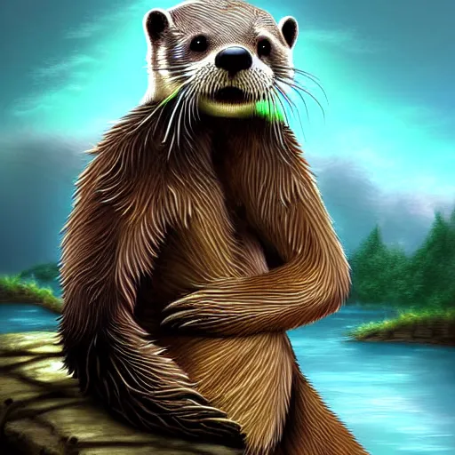 Image similar to furry otter warrior, fantasy art, lightweight armour, near the river, waterfall, digital art, high quality