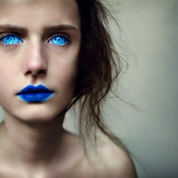 Image similar to dramatic photographic Close-up face of a extremely beautiful girl with blue eyes and light brown hair ,four fingers maximum, high light on the left, non-illuminated backdrop, illuminated by a dramatic light, Low key lighting, light dark, High constrast, dramatic , Flora Borsi, Alessio Albi, Steve Mccurry, Lee Jeffries , Norman Rockwell, Craig Mulins ,dark background, high quality, photo-realistic, 8K,