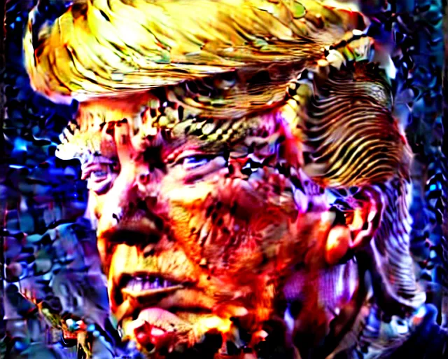 Prompt: donald trump, fantasy character portrait made of fractals, ultra realistic, wide angle, intricate details, the fifth element artifacts, highly detailed by peter mohrbacher, hajime sorayama, wayne barlowe, boris vallejo, aaron horkey, gaston bussiere, craig mullins