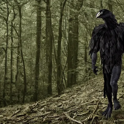 Image similar to !!! chimera consisting of male human and crow, photograph captured in a forest