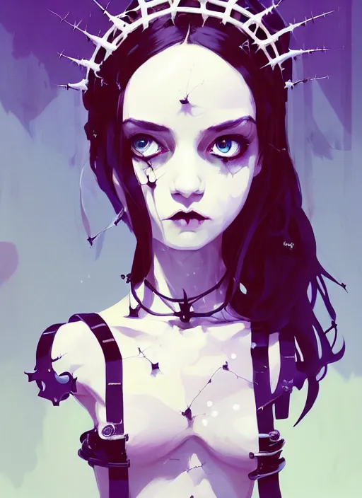 Image similar to portrait of cute goth maiden girl with crown of thorns and white short hairs, dressed in belts, warhammer, cyberpunk, by atey ghailan, by greg rutkowski, by greg tocchini, by james gilleard, by joe gb fenton, by kaethe butcher, dynamic lighting, gradient light blue, brown, blonde cream and white color in scheme, grunge aesthetic