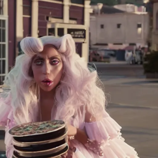 Image similar to a movie still of lady gaga wearing a pizza dress in a star is born