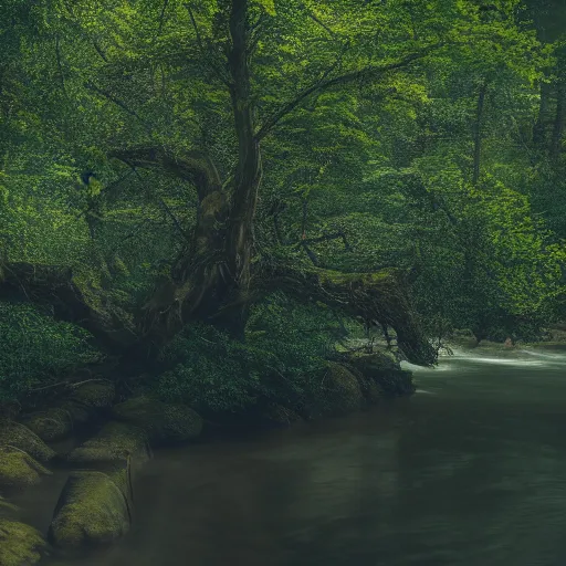 Prompt: very detailed photo of tree near a river, 4k, cinematic, universe, nature, superrealistic