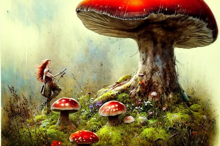 Image similar to adventurer ( ( ( ( ( 1 9 5 0 s retro future forrest of giant mushrooms, moss and flowers. muted colors. ) ) ) ) ) by jean baptiste monge!!!!!!!!!!!!!!!!!!!!!!!!! chrome red