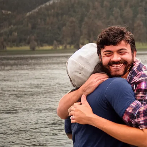 Prompt: photo of a smiling man being hugged by an friendly octopus