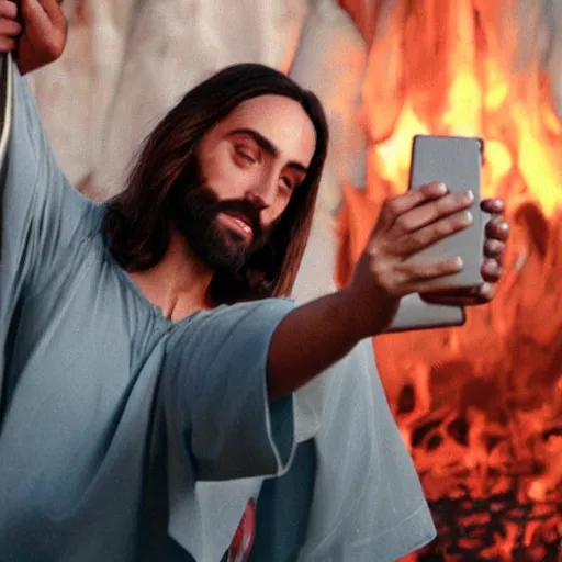 Prompt: jesus taking a selfie in hell