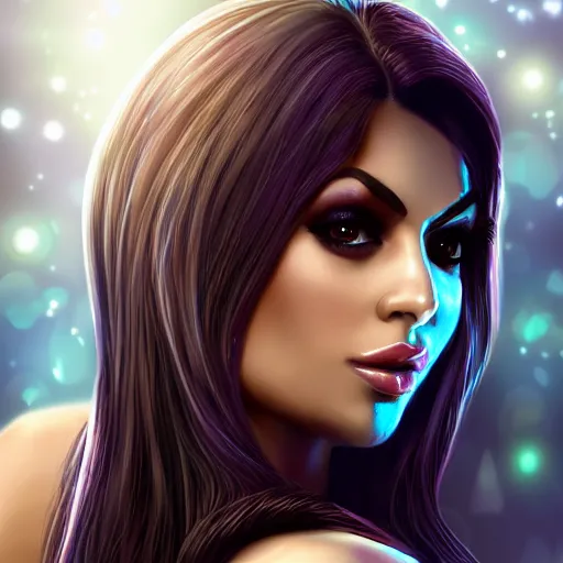 Image similar to portait of haifa wehbe, sensual good looking, long hair centred, hd, very detailed curve, unreal engine, sailor moon style, amazing background, rending artstation