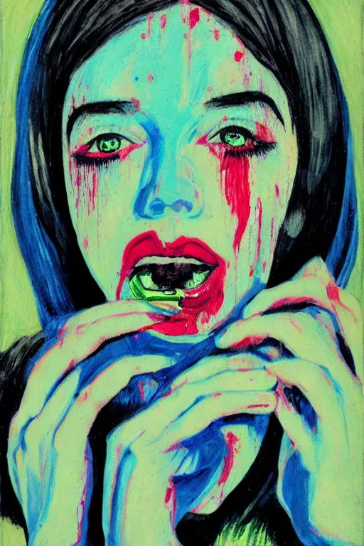Prompt: girl tragic face photo, color mascara running tears, photorealistic art, Kirchner, Gaughan, Caulfield, Aoshima, Earle